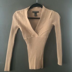 INC tan v neck long sleeve top size petite small